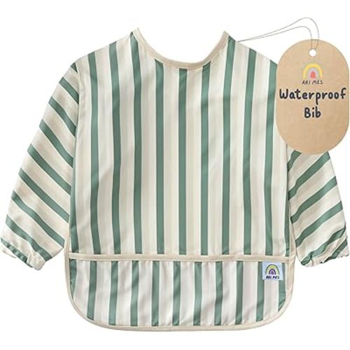 ARI MES Long Sleeves Waterproof Baby Bibs for Eating - Green Stripes, Small - Wearable, Coverall for Toddler, Long Sleeve Bib, Smock Apron for Feeding - Applicable for 6-72 Months