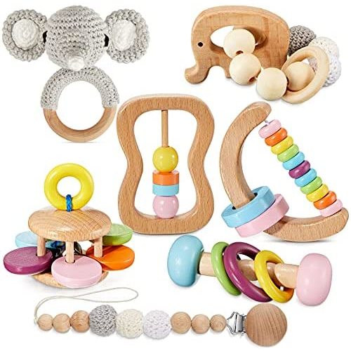 Zhanmai 7 Pieces Montessori Toys for Babies Wooden Rattle Beech Wood Teether Crochet Pacifier Clip Holder Wooden Infant Teething Ring Baby Rattle for 0-6 Months