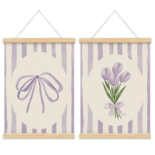 ETYZE Coquette Purple Bow Tulip Floral Wall Art Poster Hanger Frame, Spring Coquette Wall Decor, Preppy Girly Room Decor, Preppy Canvas Wall Art for Girls Room Dorm Apartment, 12x16 Inch Set of 2