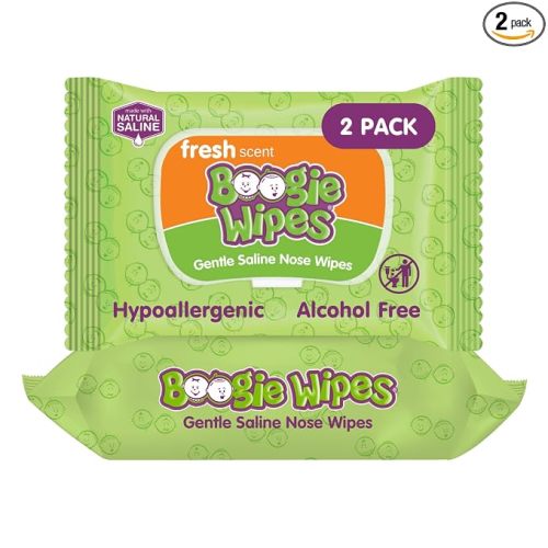 Boogie Wipes Gentle Saline Nose Wipes - 90 Count - Fresh Scent, Hypoallergenic & Alcohol-Free - Allergy Relief - Made with Natural Saline, Aloe, Chamomile & Vitamin E - Diaper Bag Essential