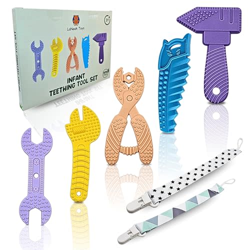 LaNoah Toys Infant Teething Tools Set: Includes 2 Clips! Soft BPA Free Teething Toys, 5 Piece Construction Set, Baby Boy Essentials Einstein, Gift for Infant Toddler Boy Girl