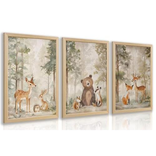 LLEEMPI Woodland Nursery Wall Decor Set of 3, Cute Forest Animal Wall Art, Bear Fox Deer Watercolor Canvas Prints, Vintage Nature Poster Prints for Kids Bedroom Bathroom Playroom Wood Framed 12x16 Inch