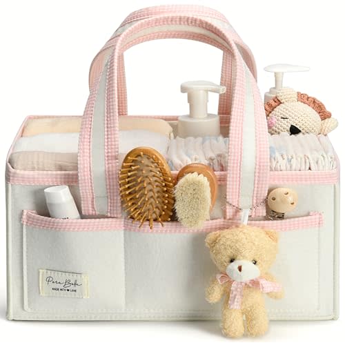 PeraBella Diaper Caddy Organizer with Handle, Baby Shower Gifts Basket Bag, Registry Search Must Haves Items, Nursery Storage Organizer for Newborn Girl Boy, Baby Bag Essentials, Car Diaper Caddy Cart
