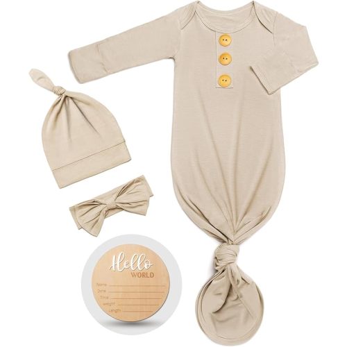 Soft Baby Knot Gown 0-3 Months, Newborn Announcement Sleepers With Mitten Cuffs and Personalized Wooden Name Tag