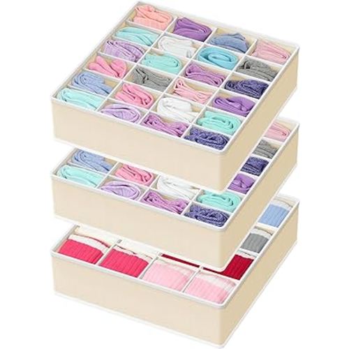 Simple Houseware Sock Drawer Organizer for Dresser/Closet/Bedroom, 3 Pack, Beige