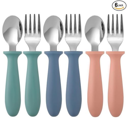 Pimoys 6 Pieces Toddler Utensils, Kids Silverware Set with Plastic Handle Stainless Steel Children Forks and Spoons, Dishwasher Safe