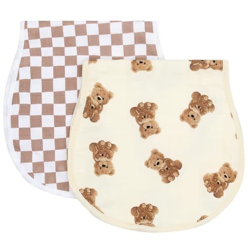 LifeTree Muslin Baby Burp Cloths - 2 Pack 70% Viscose from Bamboo and 30% Cotton Large 22'' by 10'' Absorbent Milk Spit Up Rags - Burping Cloths for Newborn, Girls Boys, Bear and Checkered
