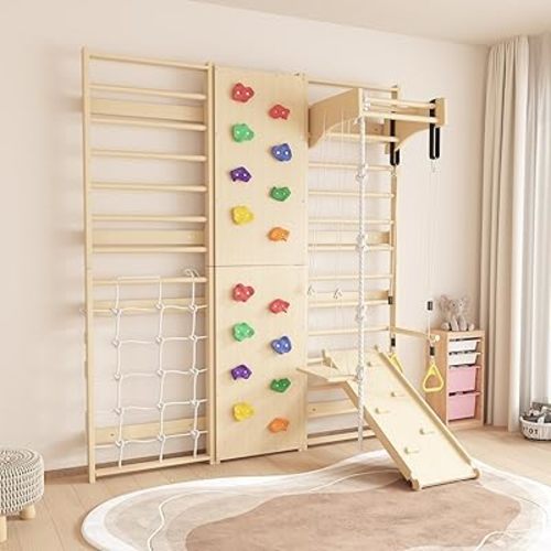 9-in-1 Swedish Ladder Wall Gym & Climber, 94.5'' Wooden Wall-Mounted Climbing Set with Double-Sided Slide, Swing, Rope, Rings, Monkey Bars, Kids Indoor Playset, Wooden Jungle Gym