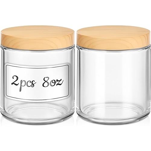 8 OZ Glass Jars with Lids, 2 Pcs Candle Jars with Plastic Woodgrain Lids & Inner Liners, Reusable Travel Containers for Creams, Makeup, Lotion, Cosmetic
