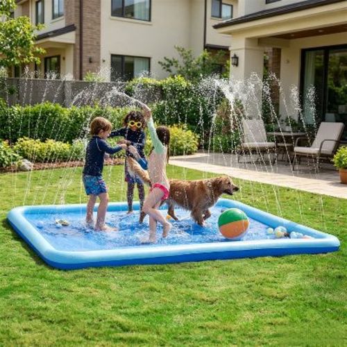 Joyfy 10ft Blue Splash Pad for Kids, Square Non-Slip Sprinkler Mat, Summer Fun Backyard Fountain Pool Water Games Spray Mat, Outdoor Water Toys