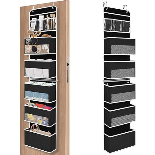 6-Tier Over The Door Organizer Hanging Storage Organizers with Clear Window 40lb Large Capacity Room Organizer for Pantry Bathroom Nursery Closet(Black)