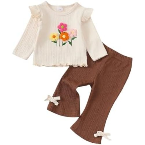 Kucnuzki Toddler Baby Girl Clothes Outfit Long Sleeve Ruffle T Shirt Top Bell Bottom Pants Two Piece Fall Winter Outfits