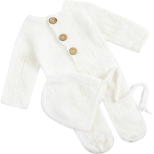 Zeroest Newborn Boy Girl Photography Props Knit Footed Romper with Classic Bonnet Baby Photo Photoshoot Outfits