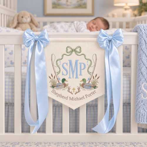 Mallard Duck Fishing Embroidered Banner, Personalized Monogram Crib Decor, Hunting Nursery Wall Hanging, Custom Baby Boy Room Decor