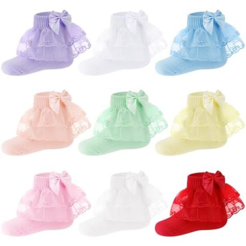 9 Pairs Baby Lace Ruffle Socks for Girls, Princess Frilly Cotton for Newborn Infants