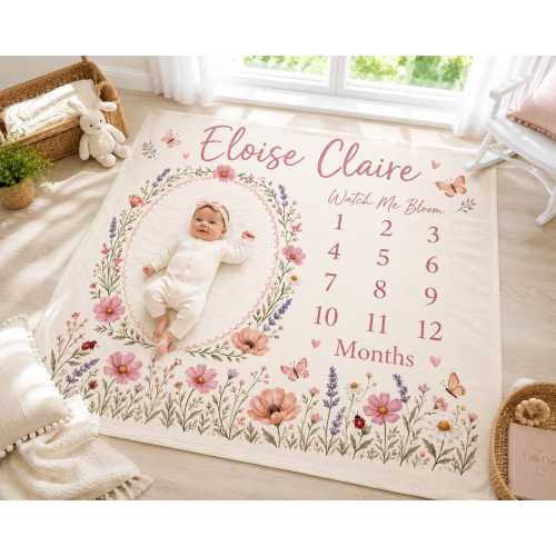 Personalized Floral Milestone Blanket, Custom Baby Girl Milestone Blanket, Wildflower Monthly Blanket, Baby Photo Blanket, Baby Shower Gift