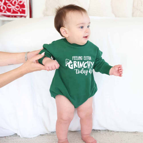 Extra Grinchy Sweatshirt Bubble Romper | Spruce Green