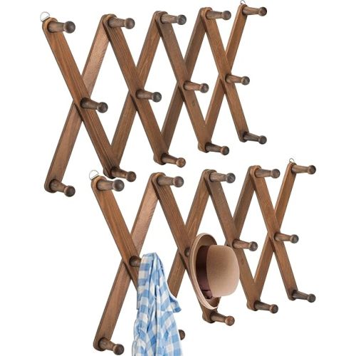 Cedilis 2 Pack Expandable Wooden Coat Rack, 14 Hooks Accordion Wall Hanger, Wall Mounted Vintage Accordion Peg Rack for Hats,Coat, Baseball Caps, Mugs, Scarf, Bag, Walnut Color
