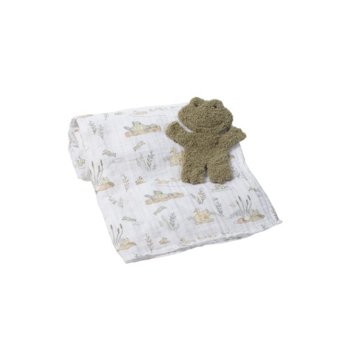 Froggy Cotton Muslin Swaddle Blanket w/ Lovey Baby Gift Set, One Size
