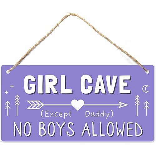 Girl Cave Sign, 12″x6″ PVC Plastic Wall Decoration Hanging Sign, High Precision Printing, Water Proof, Girls Only Room Decor, No Boys Allowed Except Daddy for Girls Bedroom