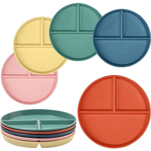 Portion Control Plate 9Inch 5PS， Round Divided Plates for Kids Adults，3 Compartment Plates Reusable,Microwave And Dishwasher Safa