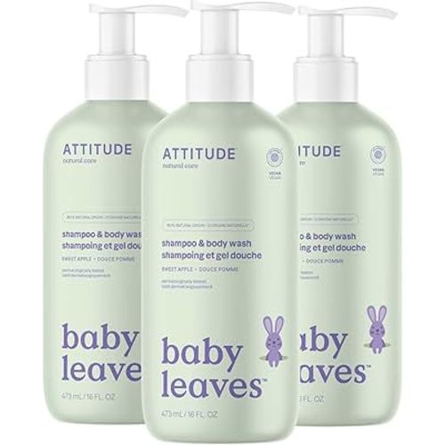 ATTITUDE 2-in-1 Shampoo and Body Wash for Baby, EWG Verified, Dermatologically Tested, Made with Naturally Derived Ingredients, Vegan, Sweet Apple, 473 mL (Pack of 3)