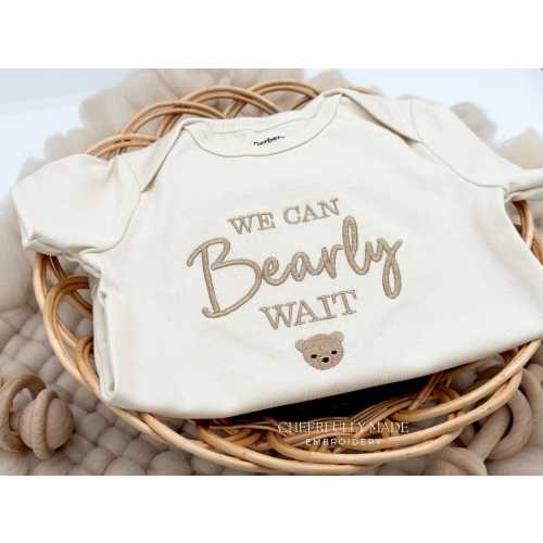 Embroidered We Can Bearly Wait Bodysuit, Teddy Bear Baby Announcement, Pregnancy Announcement We can barely wait, Bearly Wait Baby Shower