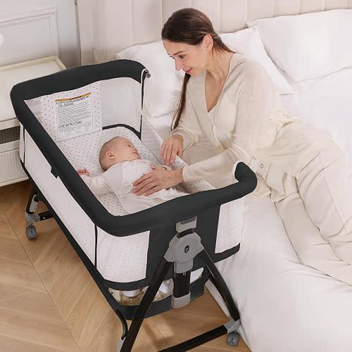 Baby Bassinet, 3-in-1 Bedside Bassinets for Baby, Bassinet Sleeper with Wheels, Baby Bedside Crib with Breathable Mesh, Mosquito Net, 6 Height Adjustable, Large Storage Basket, Easy Assemble & Folding