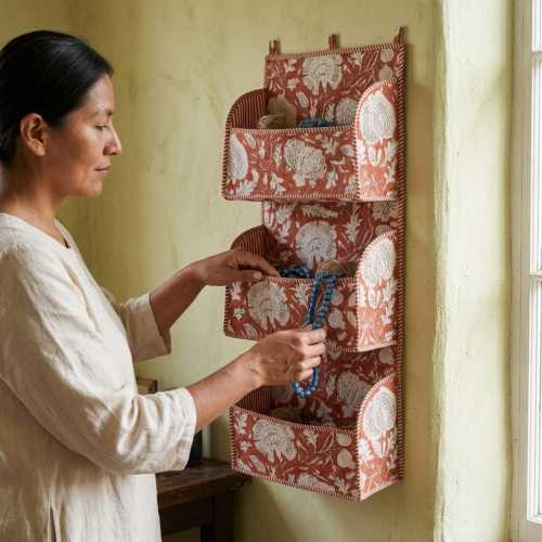 Terracotta Floral Quilted Cotton Wall Hanging Organizer, Handmade Block Print 3 Pocket Wall Storage, Nursery Organizer, Boho Home Decor