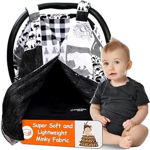 Dear Baby Gear - Infant Carseat Canopy and Winter Covers - Cozy Baby Car Seat Cover for Girls and Boys - Stroller Cover - Mountains Moose & Bear - Faux Quilt/Woodgrain 40" x 30"
