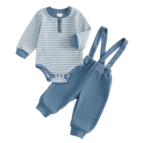 Baby Boy Clothes​ Long Sleeve Striped Romper Tops Suspender Pants Sets Spring Fall Winter Outfit Waffle Knit Set