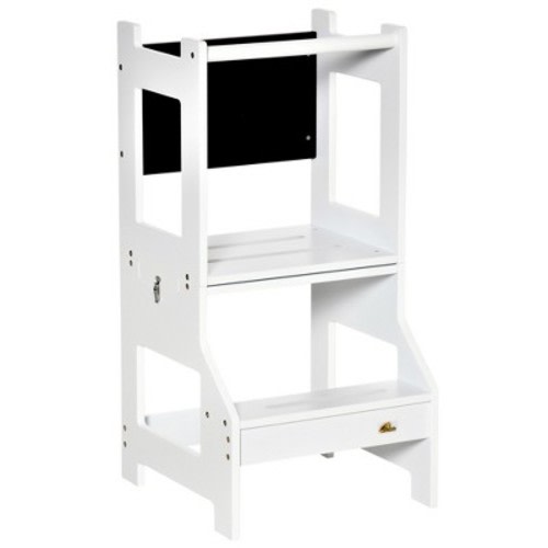 Qaba 2-in-1 Kids Kitchen Step Stool, Detachable Toddler Table and Chair Set, Toddler Step Stool with Safety Rail Chalkboard for Kitchen, Bathroom, Bedroom, Color: White