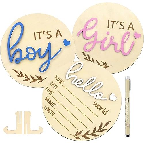 Baby Announcement Sign, Gender Reveal Sign for Baby Birth, 3PCS Its a Boy/Girl and Hello World Newborn Welcome Board Wooden Name Announcement Plaque for Hospital Shower Party Photo Props