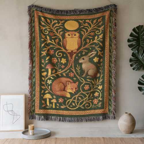 Woodland Woven Blanket - Storybook Folklore Inspired Throw, Cozy Fall Goblincore Blanket, Tree of Life Fox Owl Rabbit Fairytale Home Decor