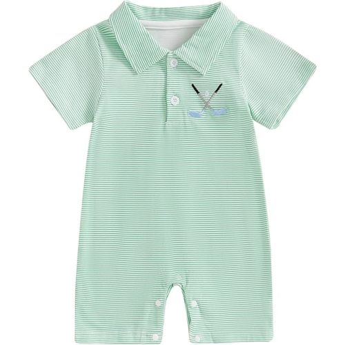 Baby Boy Summer Outfit Short Sleeve Embroidery Collared Romper Lapel Button Striped Bodysuit Jumpsuit Clothes