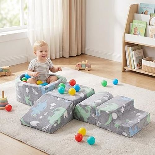Tiita Baby Climb and Crawl Playset 5-Piece, Kids Foam Climbing Block with Small Ball Pit - Indoor Soft Play Climber for Playtime Fun, Grey Star, Green Dinosaur