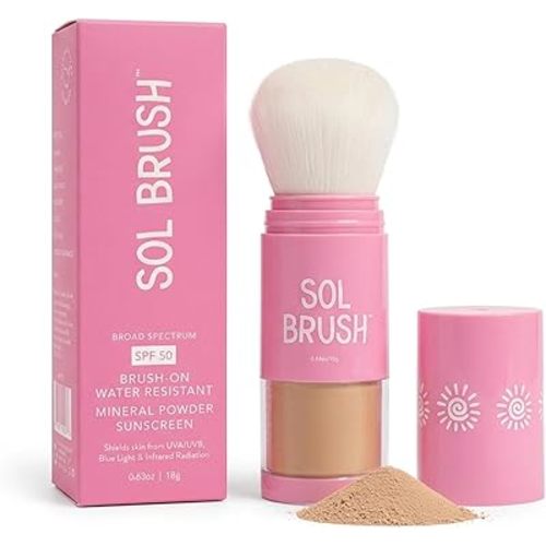 SPF 50 Mineral Sunscreen Powder, Broad Spectrum UVA/UVB Protection Sunscreen, Mess Free Brush On Applicator, Clean & Cruelty Free, Water Resistant (80 Minutes), Pink, Medium