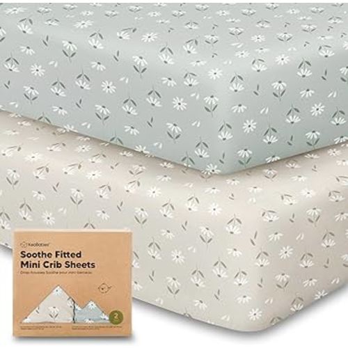 2-Pack Mini Crib Sheets Fitted, Pack and Play Sheets - Organic Cotton Pack N Play Sheets for Pack and Play Mattress, Playard Baby Crib Sheets, Jersey Crib Sheets Neutral for Boys, Girls (Daisies)
