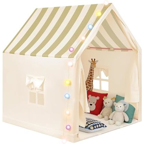 Anbte Kids Play Tent with String Lights Indoor, for 1-3 Kids, Beige Stripes