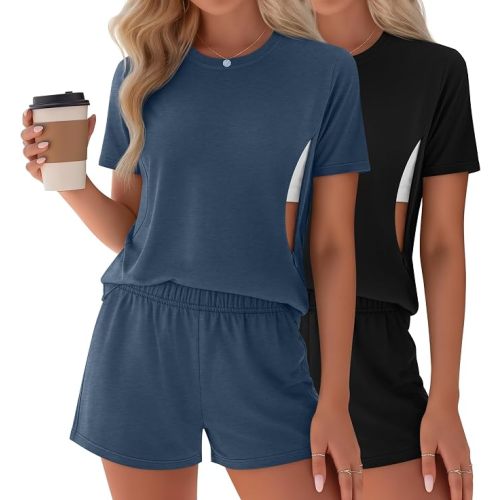 Riyiper 2 Packs Women's Nursing Pajamas Set Maternity Breastfeeding Short Sleeve Hidden Zippers Shirts and Shorts Loungewear