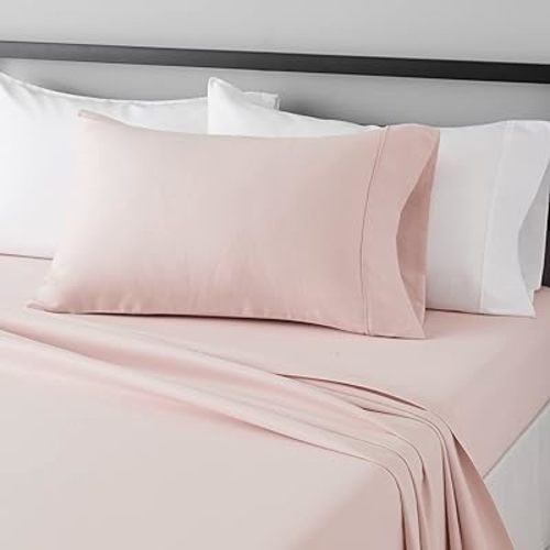 Amazon Basics Lightweight Super Soft Easy Care Wrinkle Free Microfiber 3 Piece Bed Sheet Set with 14-Inch Deep Pockets, Twin, Blush Pink, Solid, Kids, Men & Women Bedding
