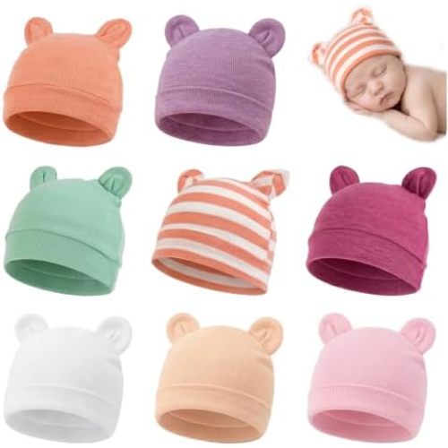 8 Pack Baby Newborn Hats Bear Ears Baby Infant Preemie Beanie Hats Soft Cap for Infant Baby Girls Boys, 0-3 Months