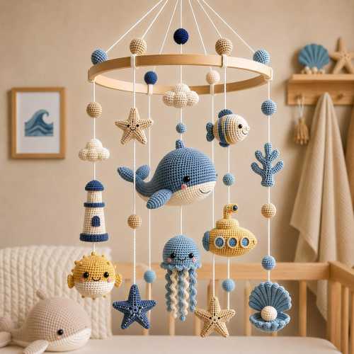 Handmade Ocean Theme Baby Mobile, Crochet Sea Animals Nursery Custom Nursery Decor, Sea Animals Nursery Mobile