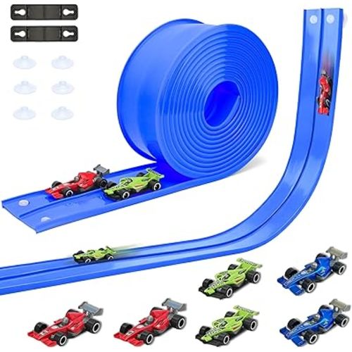 15 Ft Double Sided Flexible Race Track Set with 6 Toy Cars for Kids (Blue)