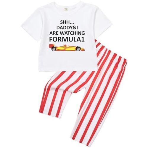 MiniOlie Toddler Baby DADDY & I ARE WATCHING FORMULA 1 Outfit T Shirt Tees Elastic Striped Pants Set Infant Summer Clothes