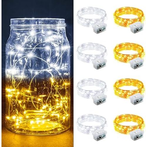 8 Pack Fairy Lights 7Ft 20 LED Twinkle String Lights 3 Modes Battery Operated Waterproof Firefly Starry for Mason Jar Party Wedding Christmas Valentines Day Table Centerpieces,Warm White + White