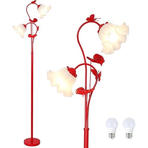 HMVPL Red Floor Lamp for Living Room, Flower Standing Lamp with 2 LED 5W Blubs, Foot Switch, Floral Tall Lamp with Acrylic Shade, Antique Lotus Flower Floor Lamp for Living Room Office Reading