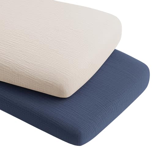 Konssy 2 Pack Muslin Bassinet Sheets for Boys, Girls, 100% Cotton Soft Breathable Fitted Bassinet Mattress Sheet, 33 x 21 inches (Navy,Cream)