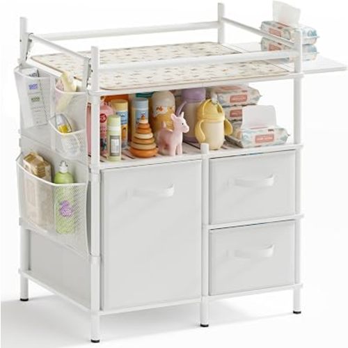 Amazer Baby Changing Table, Bamboo Baby Dresser Table with Flat Top, Diaper Changing Station with 3 Removable Storage Drawers, Large Storage Nursery Organizer Shelves with Pad, Mesh Pocket