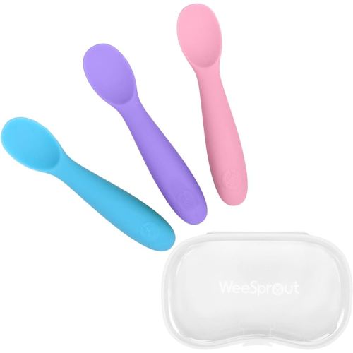 WeeSprout Baby Spoons for Self Feeding 6 Months +, Soft & Durable Silicone Utensils for Sensitive Gums & Teeth, Easy Grip Handles & Shorter Length for Little Hands, 3 Pack + Carrying Case